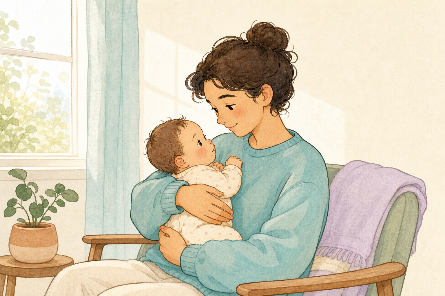Illustration of a parent holding an awake baby and looking into their eyes