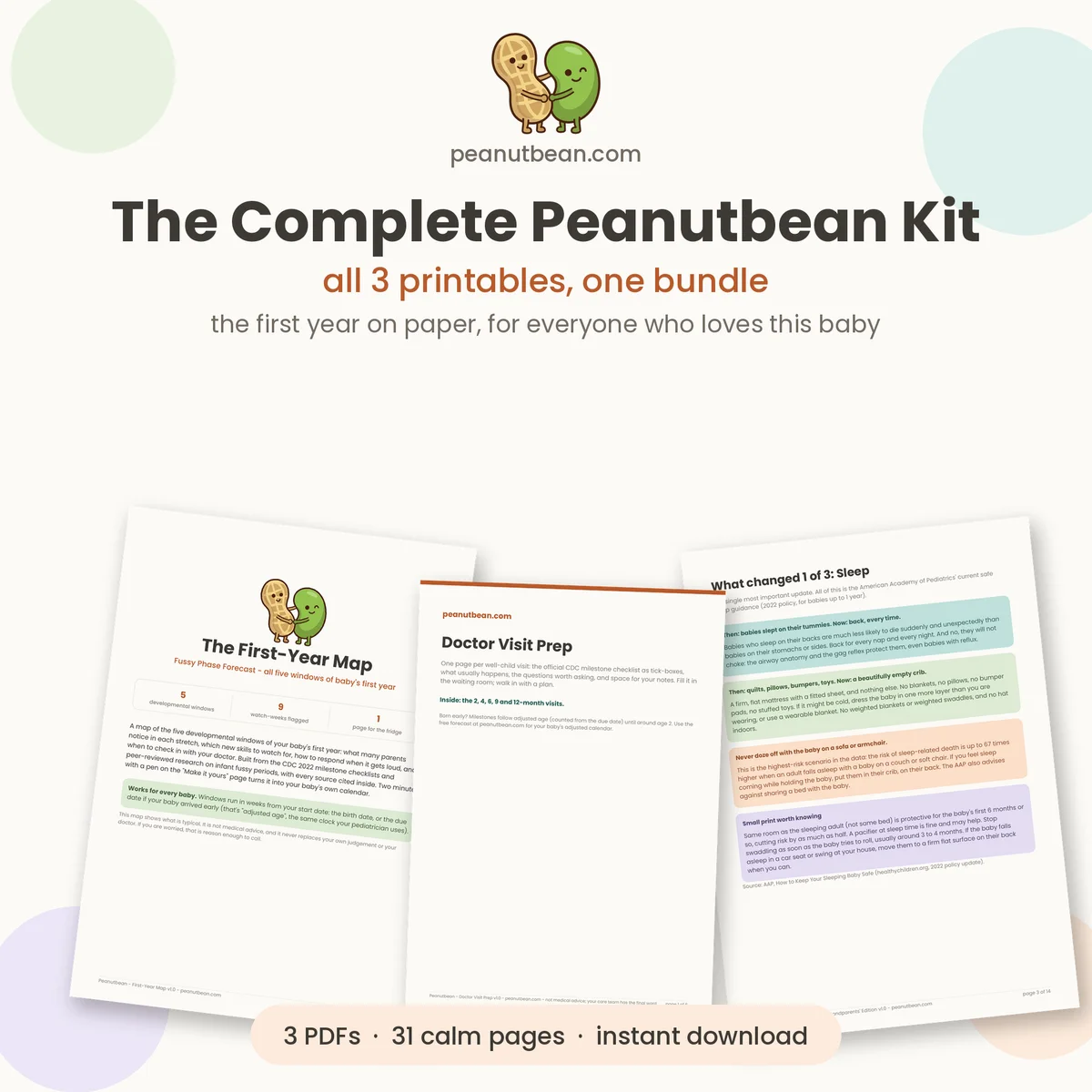 Preview of the three PDFs in The Complete Peanutbean Kit