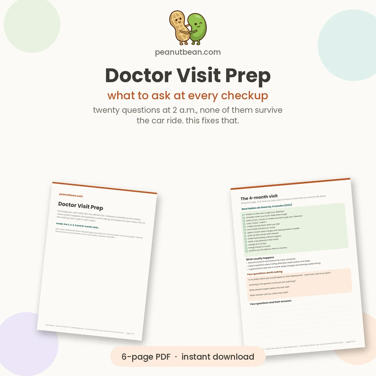 Preview of Doctor Visit Prep pages for first-year well-child visits